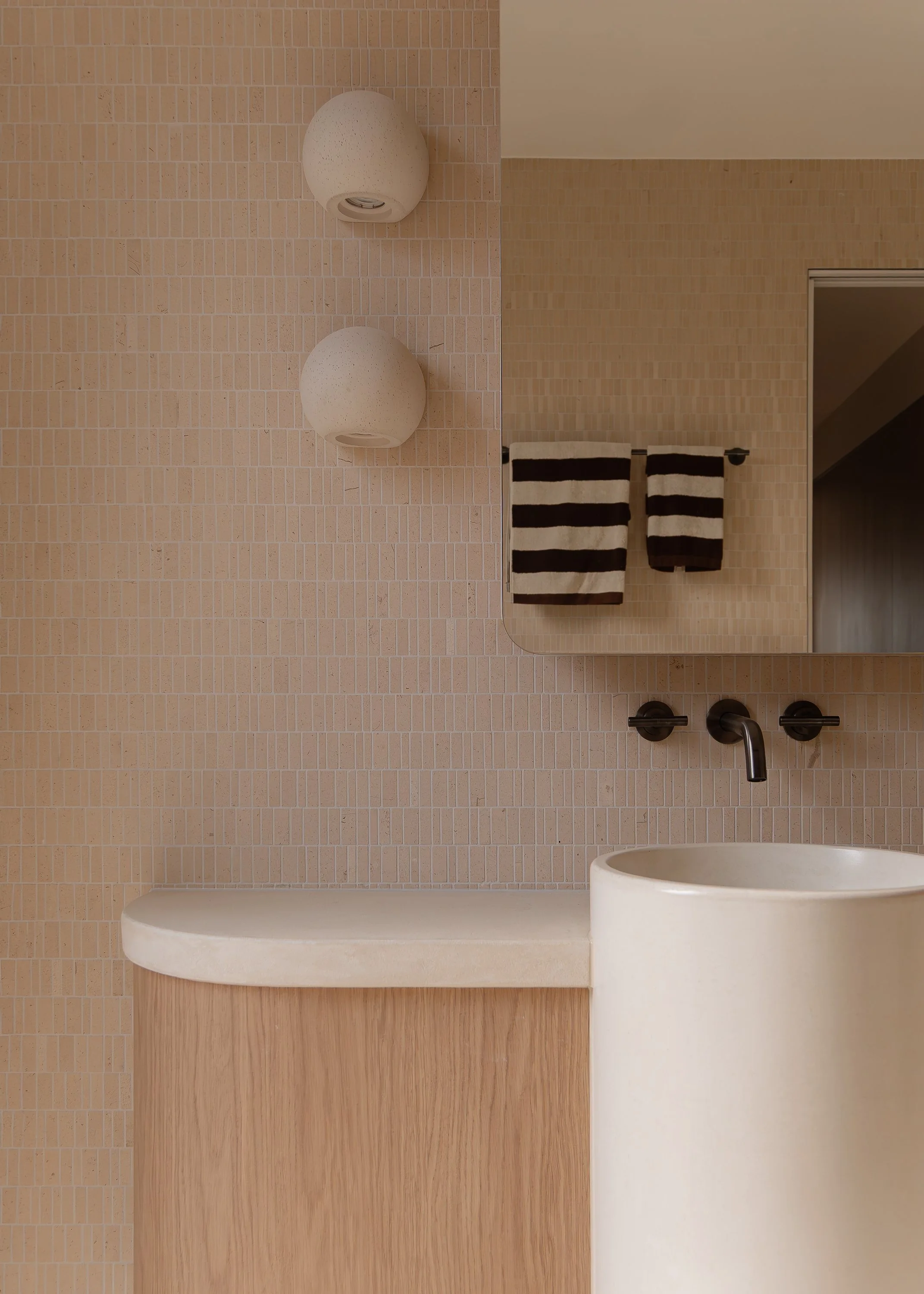 bathroom vanity, cylinder basin wall lights and abi tapware