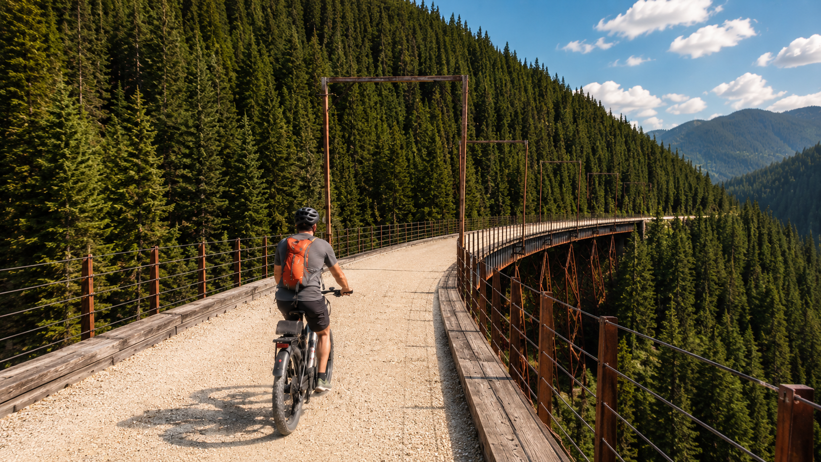 A person riding a bicycle on a mountain trail with a view of a metal bridge and lush green trees in a mountainous landscape.