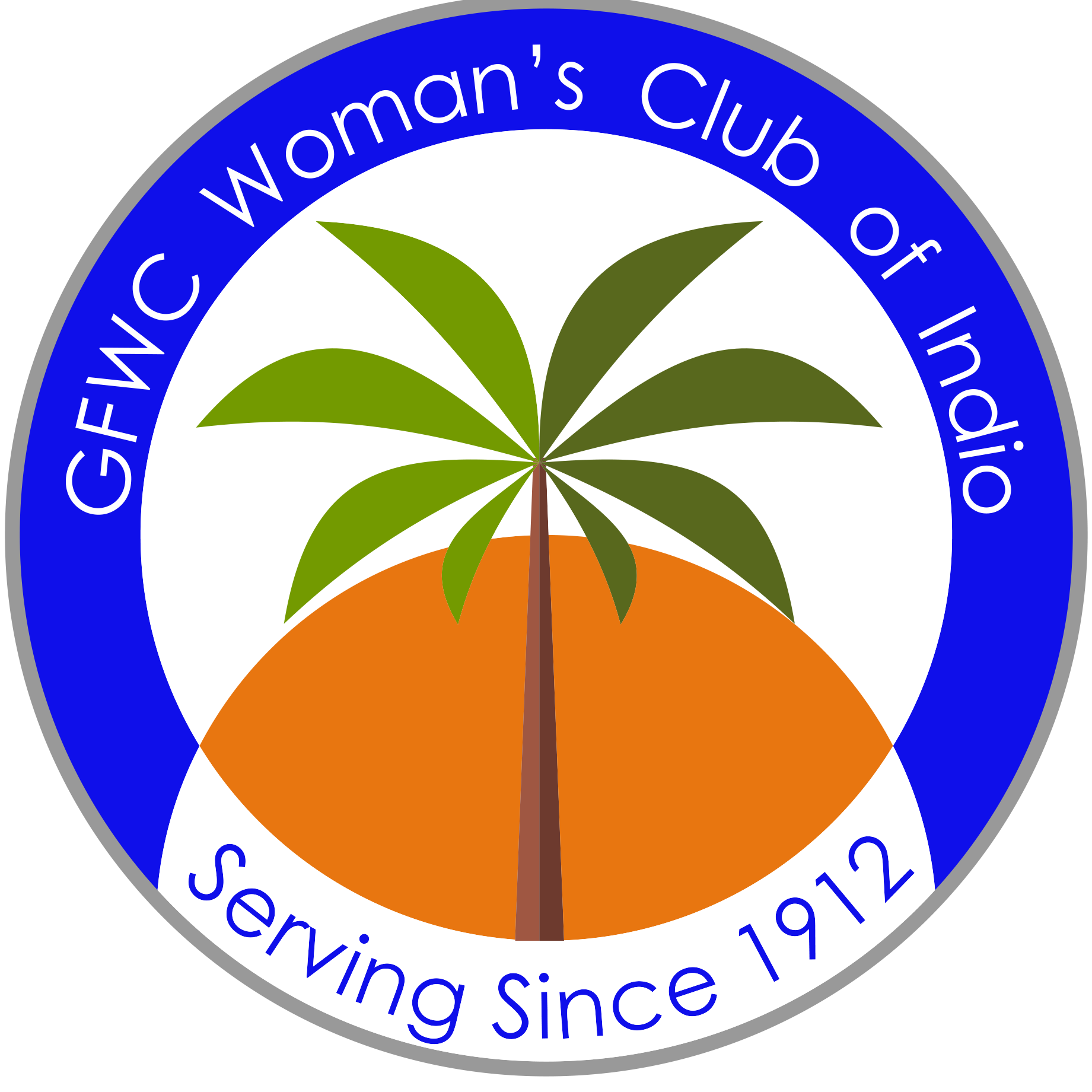 Circular emblem with a blue border containing white text that reads 'GWCC Women's Club of Indiana Center since 1912'. Inside the circle, there is an illustration of a green palm tree with broad leaves and a brown trunk, set against an orange oval background.