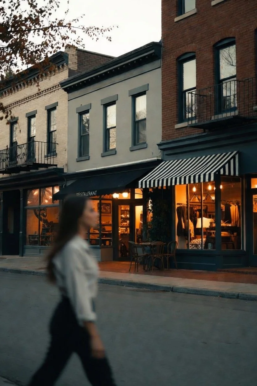 A woman with long hair walking past a row of buildings with storefronts, one of which has a striped awning and warm interior lighting, on a city street in the evening.