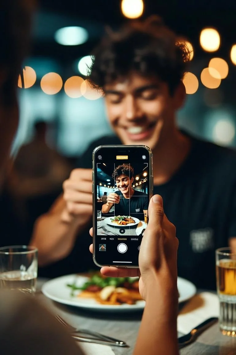 A young man is smiling at a restaurant table while a person takes a photo of him with a smartphone, capturing a plate of food.