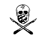 Black and white illustration of a bearded man wearing sunglasses with crossed chef's knives beneath his face.