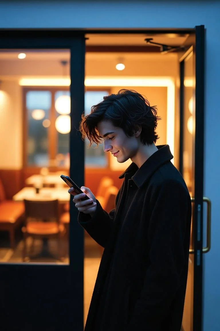 A young man with dark, wavy hair stands outside a warmly lit restaurant or café, looking at his smartphone with a slight smile.