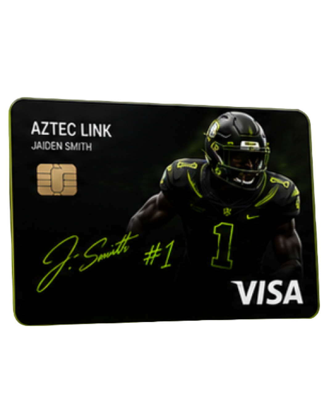 VISA credit card featuring a football player in black and neon yellow uniform with the number 1, signed by Jaiden Smith, with the text AZTEC LINK and Jaiden Smith's name.