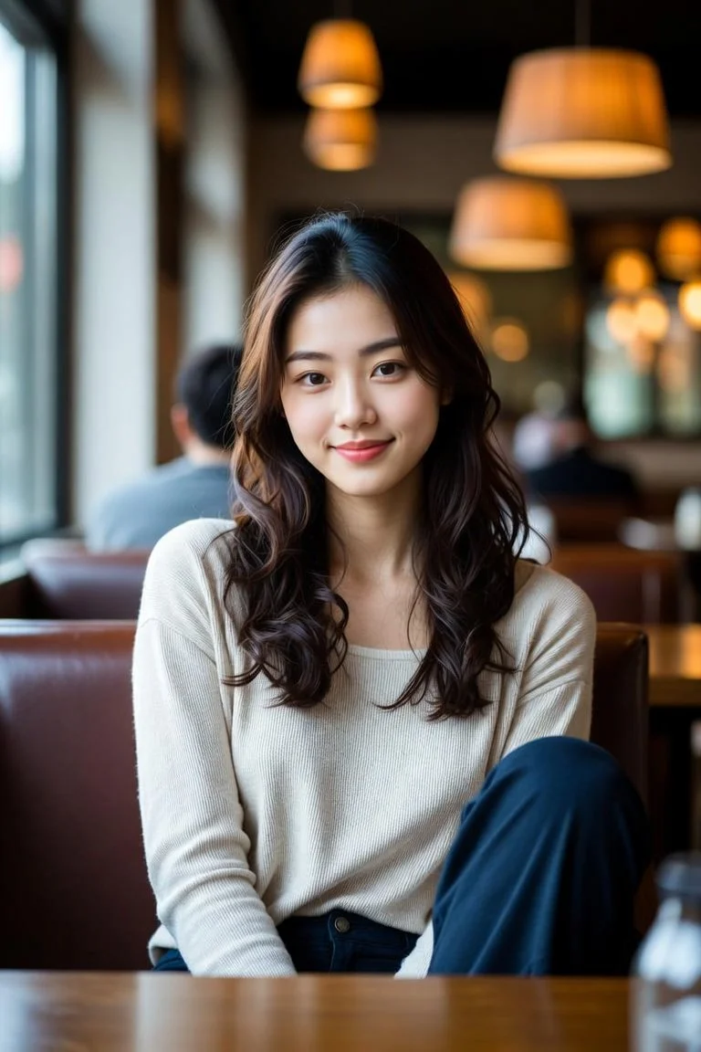 A young woman with long wavy dark hair smiling and sitting in a cozy cafe with warm lighting and other patrons in the background.