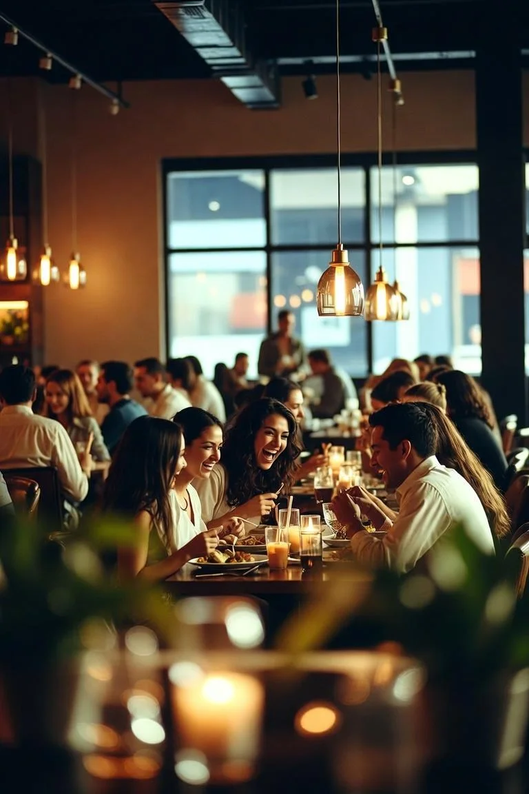 A group of friends enjoying a meal and laughing together at a lively restaurant with warm lighting and large windows.