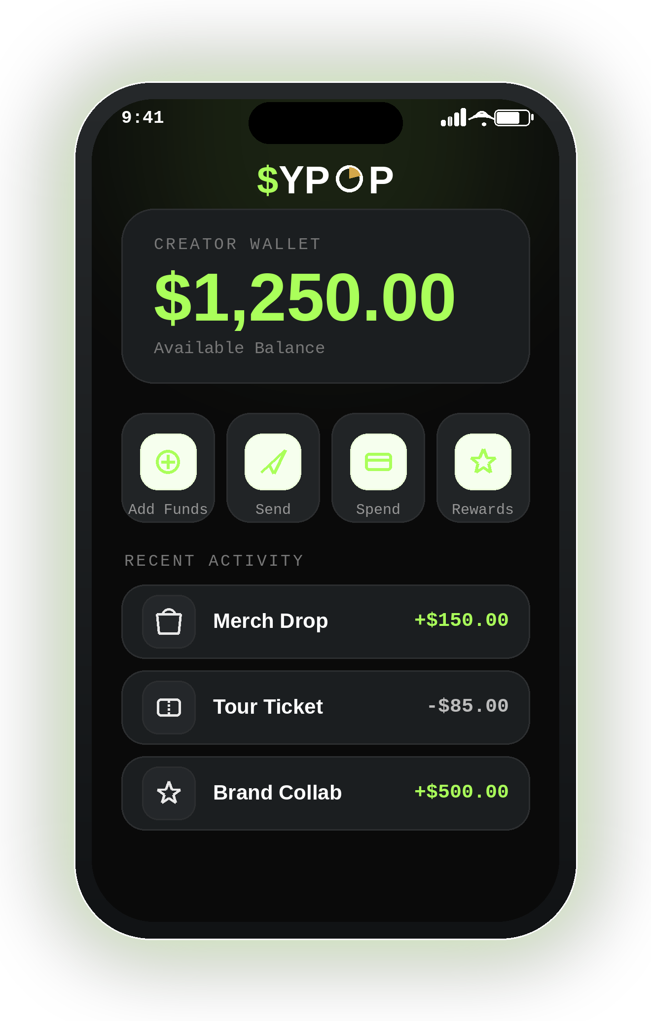 Close-up of a mobile app interface displaying a digital wallet for $YPOP with a balance of 1,250 dollars. The app shows recent activity, including adding funds, sending, spending, rewards, a merchandise drop, a tour ticket purchase, and a brand collaboration. The background is black with green accents and text.