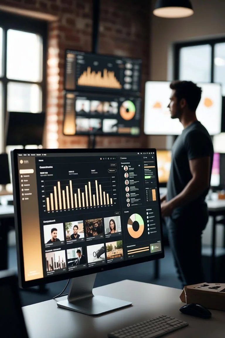 A modern office space with multiple monitors displaying data analytics, charts, and graphs. A man is standing in the background near the windows.