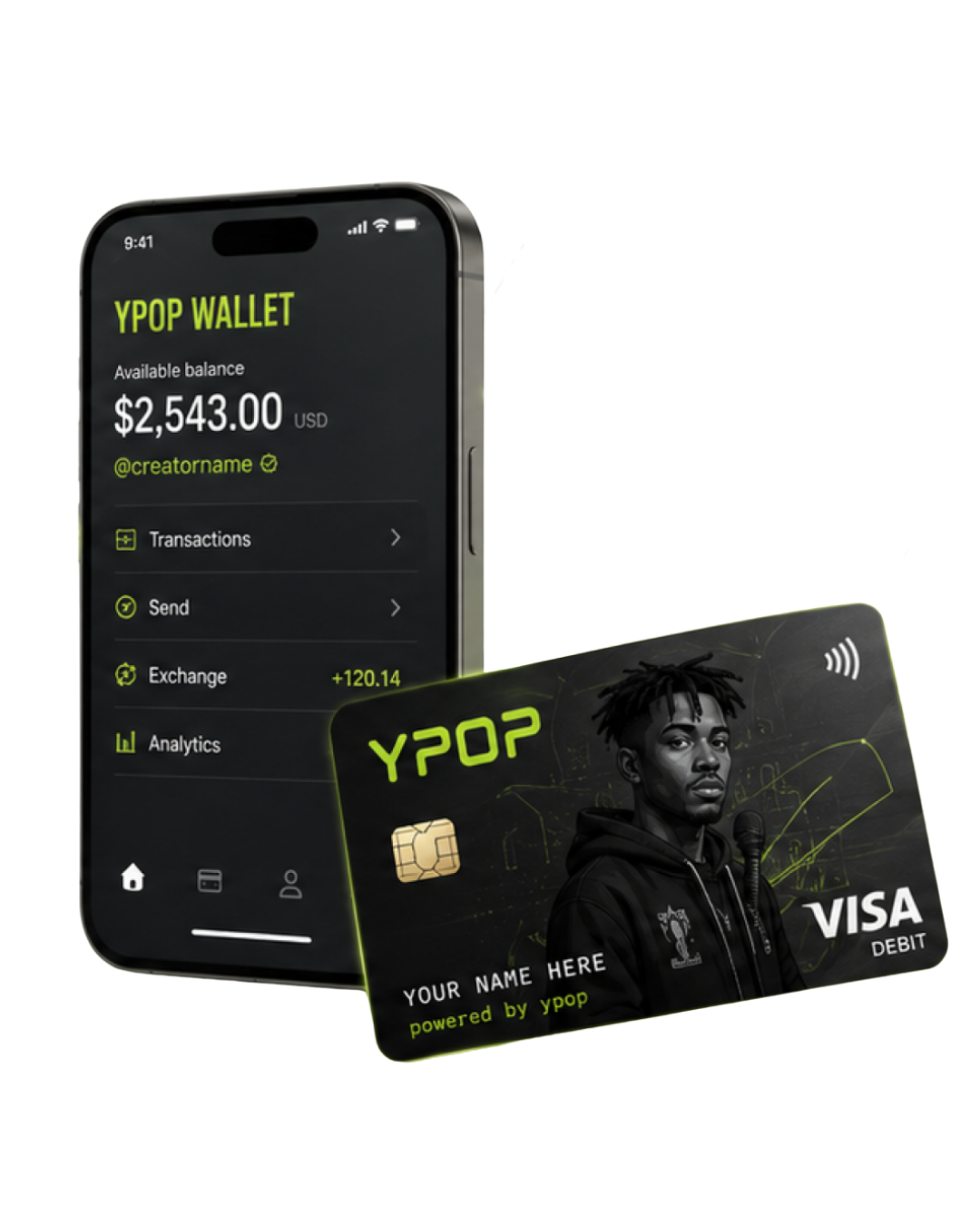 A smartphone displaying a digital wallet app with a balance of $2,543, and a black YPOP debit card with a portrait of a young man, both items representing digital financial tools.