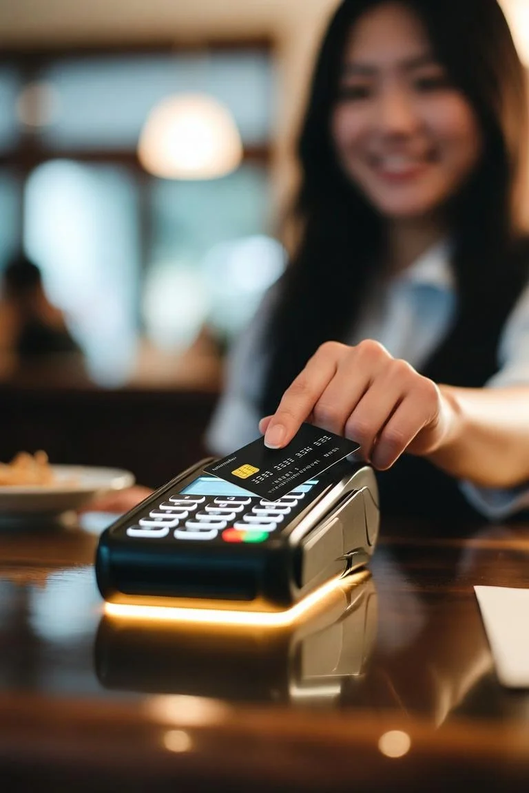 A woman making a contactless payment with a credit card on a point-of-sale terminal in a restaurant or cafe.