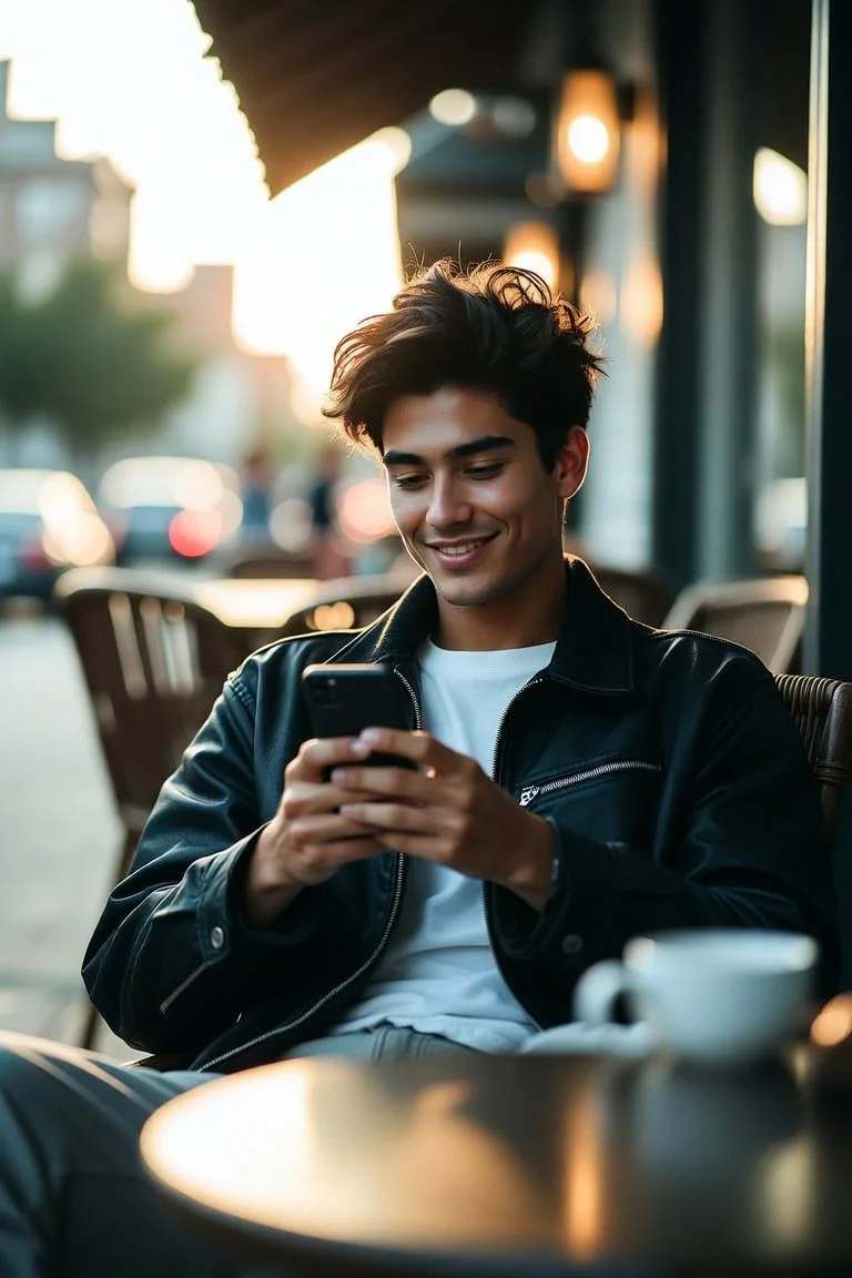 Young man sitting at outdoor café, smiling and looking at his smartphone during sunset.