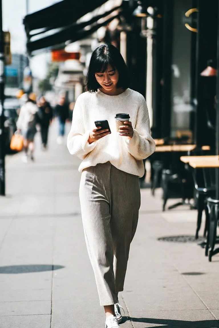 Young woman walking on city sidewalk, holding a coffee cup and looking at her phone, wearing a white sweater and striped pants, with outdoor seating and pedestrians in the background.