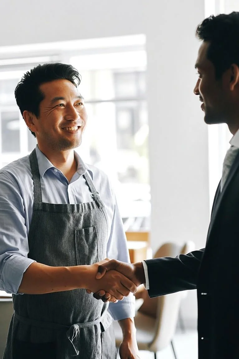 Two men shake hands inside a well-lit room, one is wearing an apron and the other a suit, smiling and engaging in a friendly interaction.