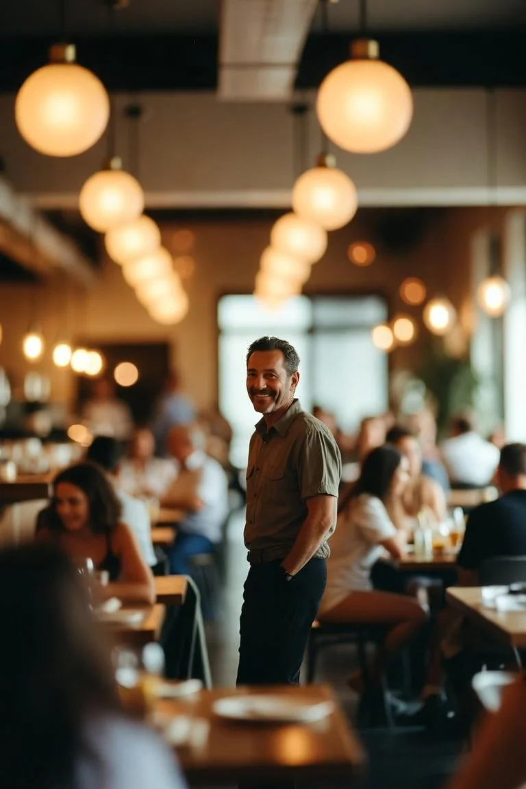 A man smiling in a busy restaurant or cafe, with hanging globe lights and other diners in the background.