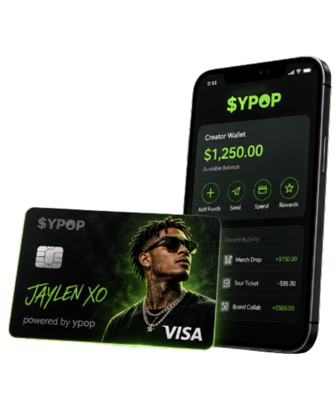 Digital wallet app on smartphone displaying a balance of $1,250 with options to add funds, send, spend, and view rewards, alongside a VIP card for Jaylen XO showing a portrait of the artist, with recent activity and a Visa logo.