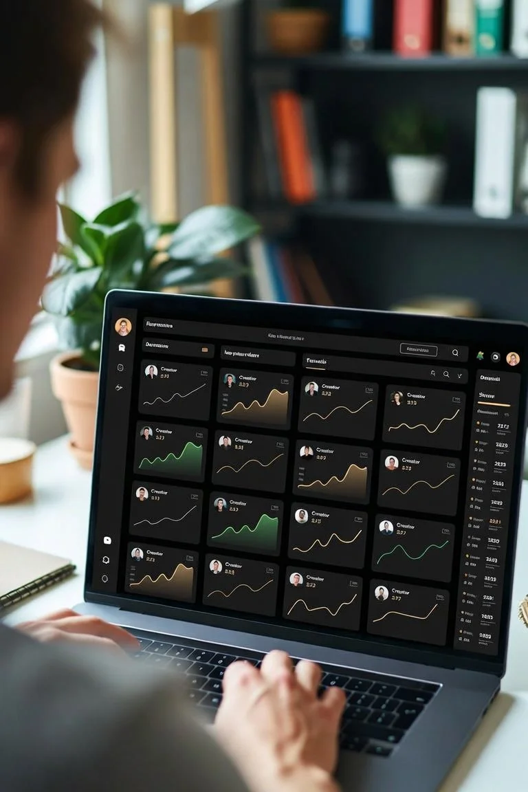 Person working on laptop with digital dashboards displaying graphs and data visualizations