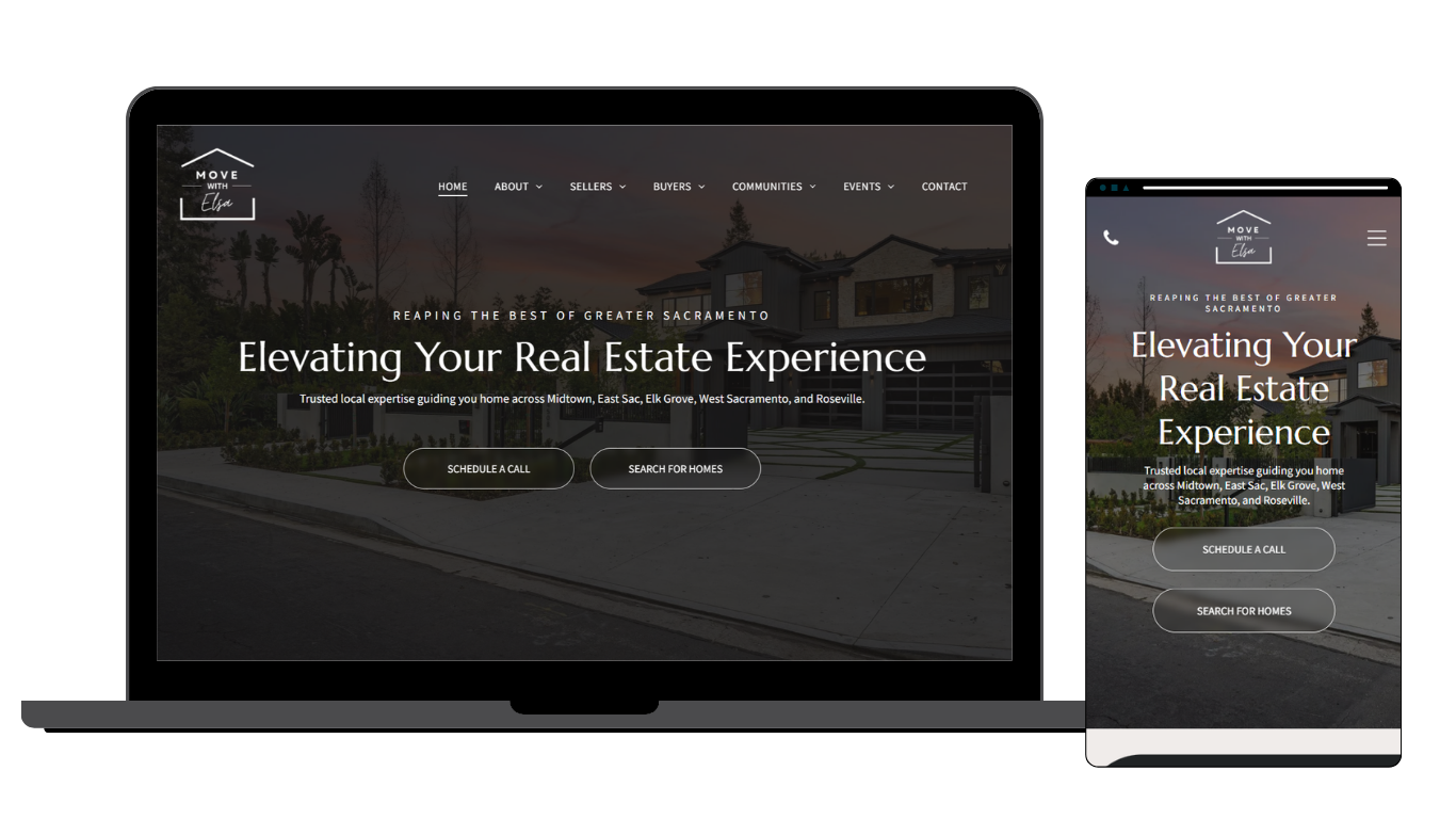 Screenshots of a real estate website displayed on a laptop and a smartphone, showcasing home listings and options to schedule a call or search for homes in Sacramento.