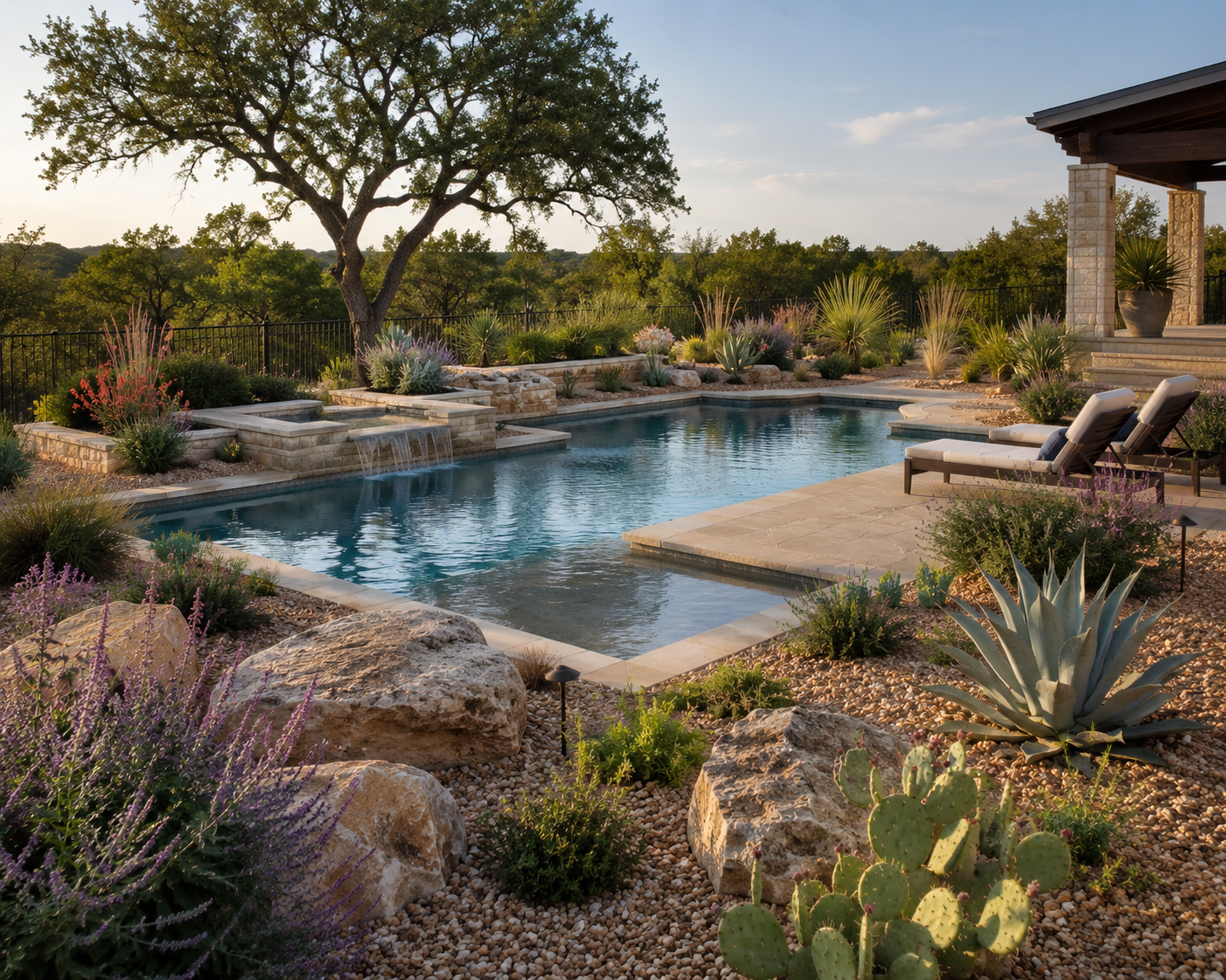 A backyard swimming pool surrounded by desert plants, rocks, and trees, with two lounge chairs on a stone patio and a small waterfall feature in the background, during sunset.