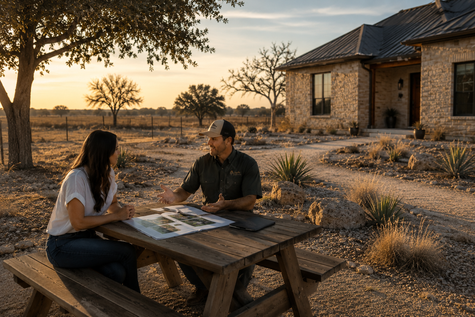 A man and a woman having a discussion outdoors at a wooden picnic table, with a house and desert landscape in the background during sunset.
