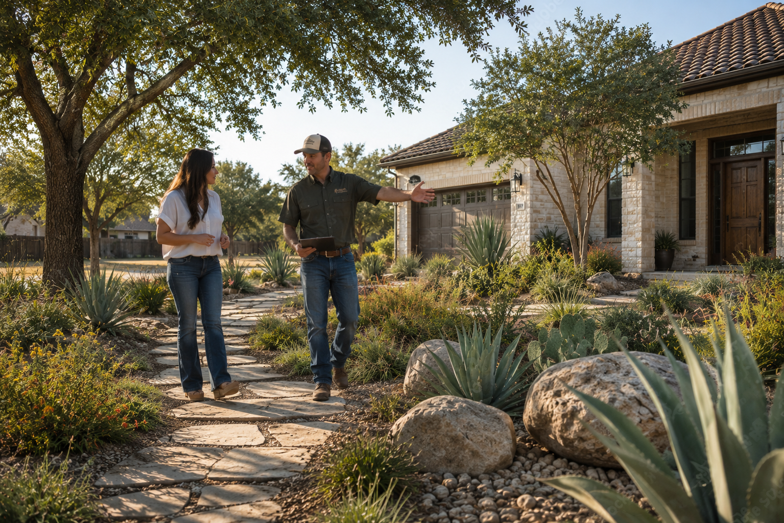 A man showing a woman around a house exterior with a landscaped yard, trees, rocks, and a stone pathway.