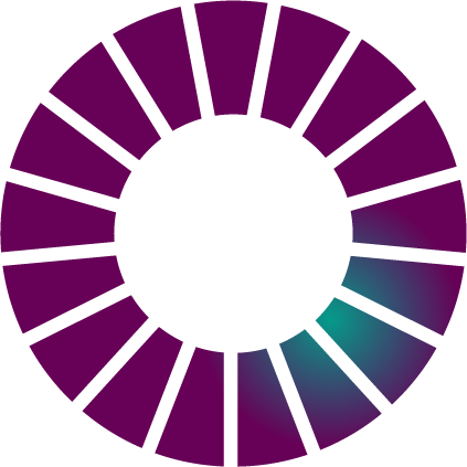 A stylized clock face with purple, teal, and blue colors, showing the time at approximately 4:05.