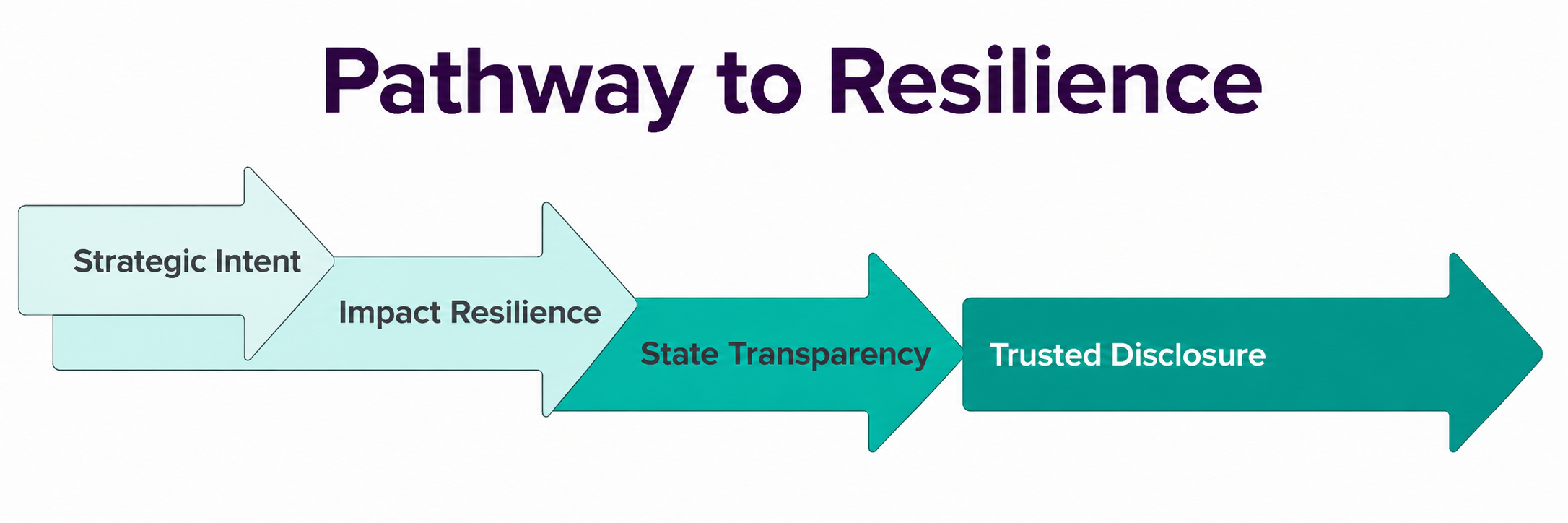Flowchart titled 'Pathway to Resilience' with four steps: 'Strategic Intent', 'Impact Resilience', 'State Transparency', and 'Trusted Disclosure' connected by arrows.