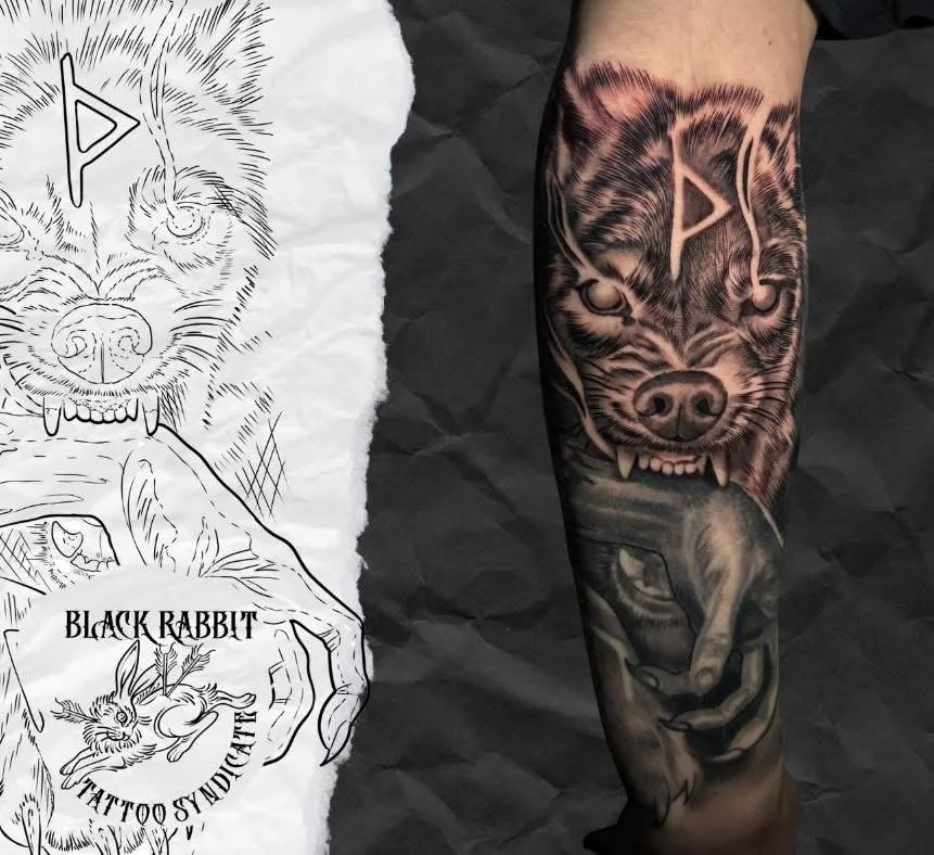 A tattoo of a snarling wolf with piercing eyes, showing sharp teeth, on a person's arm. The tattoo features detailed shading and a realistic style.