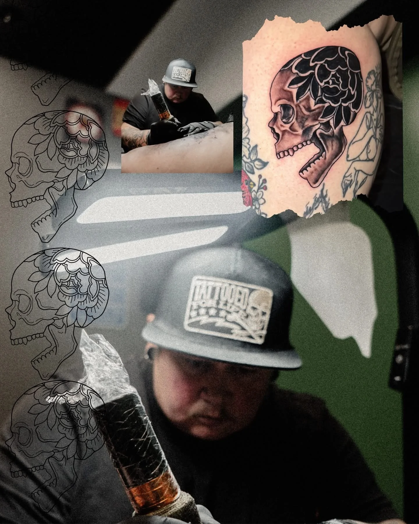 A person getting a tattoo of a skull with floral and leaf details on their upper arm. The tattoo is partially completed. The person is wearing a cap and appears to be immersed in the tattooing process.