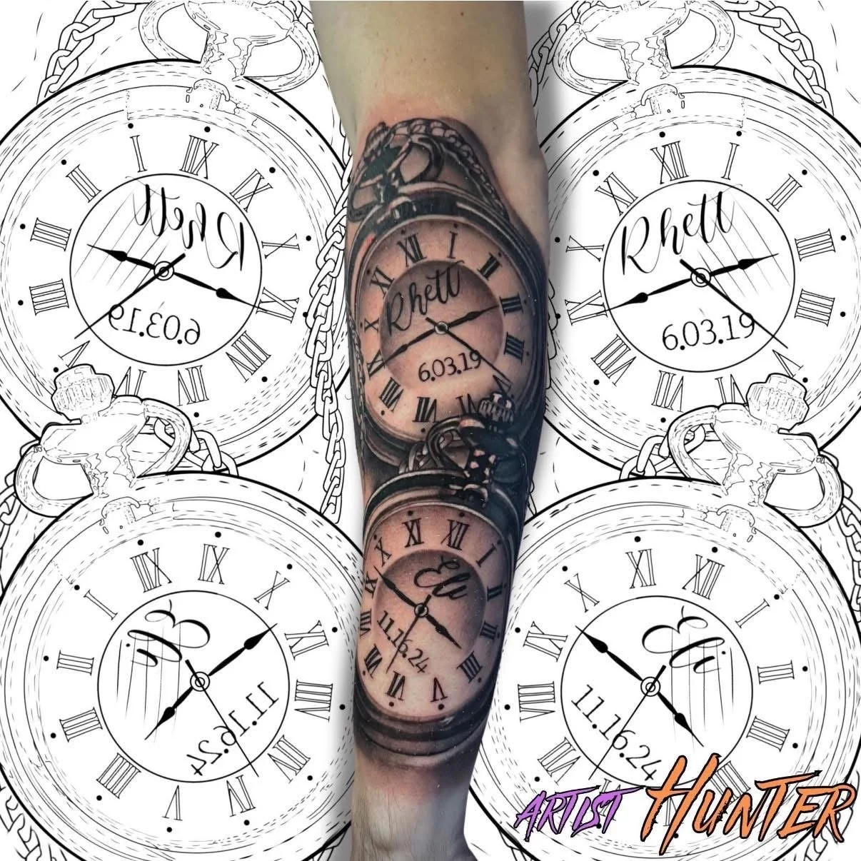 Tattoo of a pocket watch with chains, with the name 'Rhett' and dates '6.03.19' and '11.16.24' on the watch face, overlaying a background of four illustrated pocket watches with chains, all in black and white.