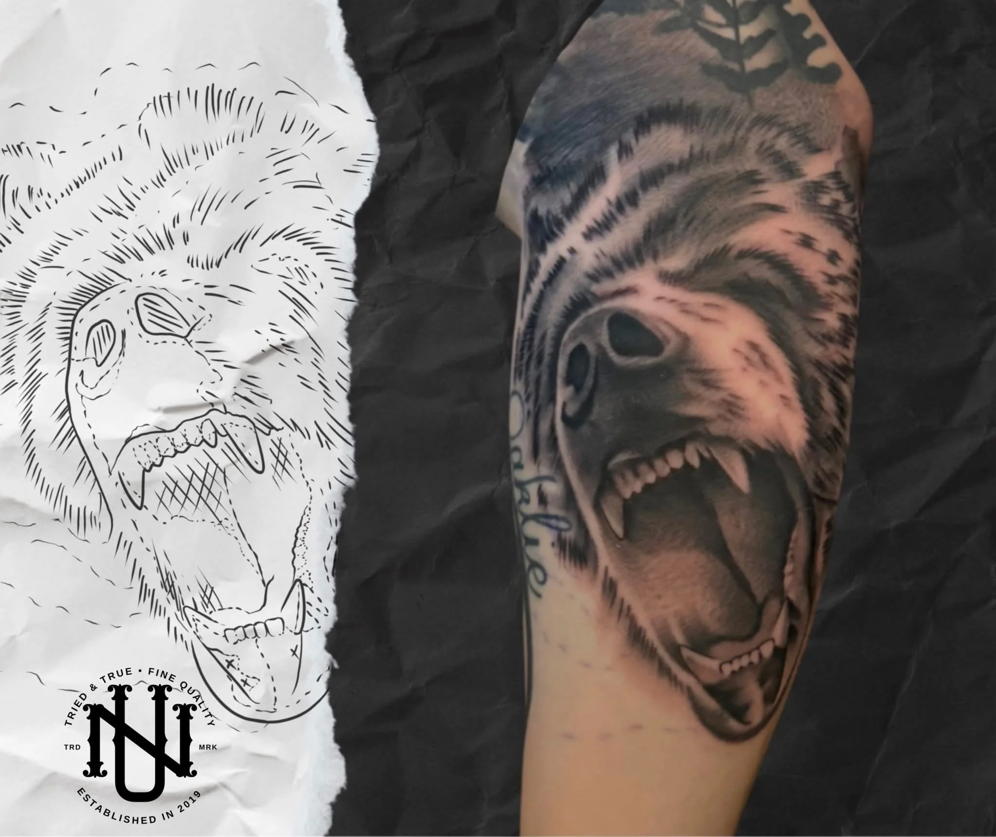 A person's arm with a detailed sleeve tattoo of a tiger's face, with black ink shading and fine lines, positioned next to a white paper with an outline of a roaring tiger's face and logo.