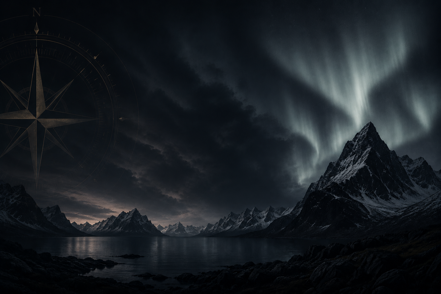 Nighttime scene of snow-covered mountains, a dark lake, and illuminated northern lights in the sky with a faint overlay of a compass design.