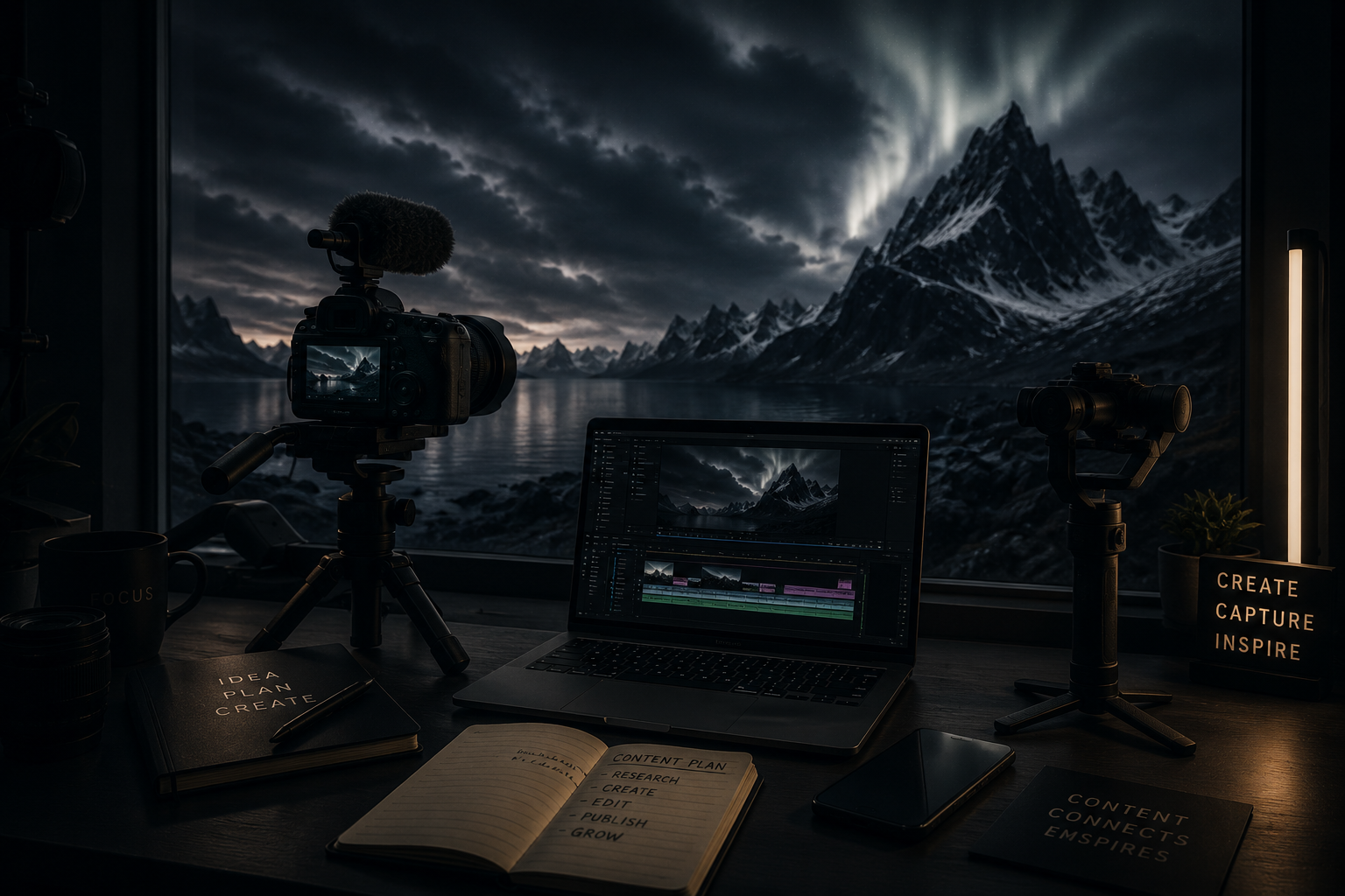A dark room with a large window showing a mountainous lake scene with snow-capped peaks and a cloudy sky. Inside, there is a camera on a tripod, a laptop with video editing software, notebooks labeled "Idea Plan Create" and "Content Plan Research Create Edit Publish Grow," a smartphone, a cup with "Focus" written on it, and a small potted plant with a sign that says "Create Capture Inspire."