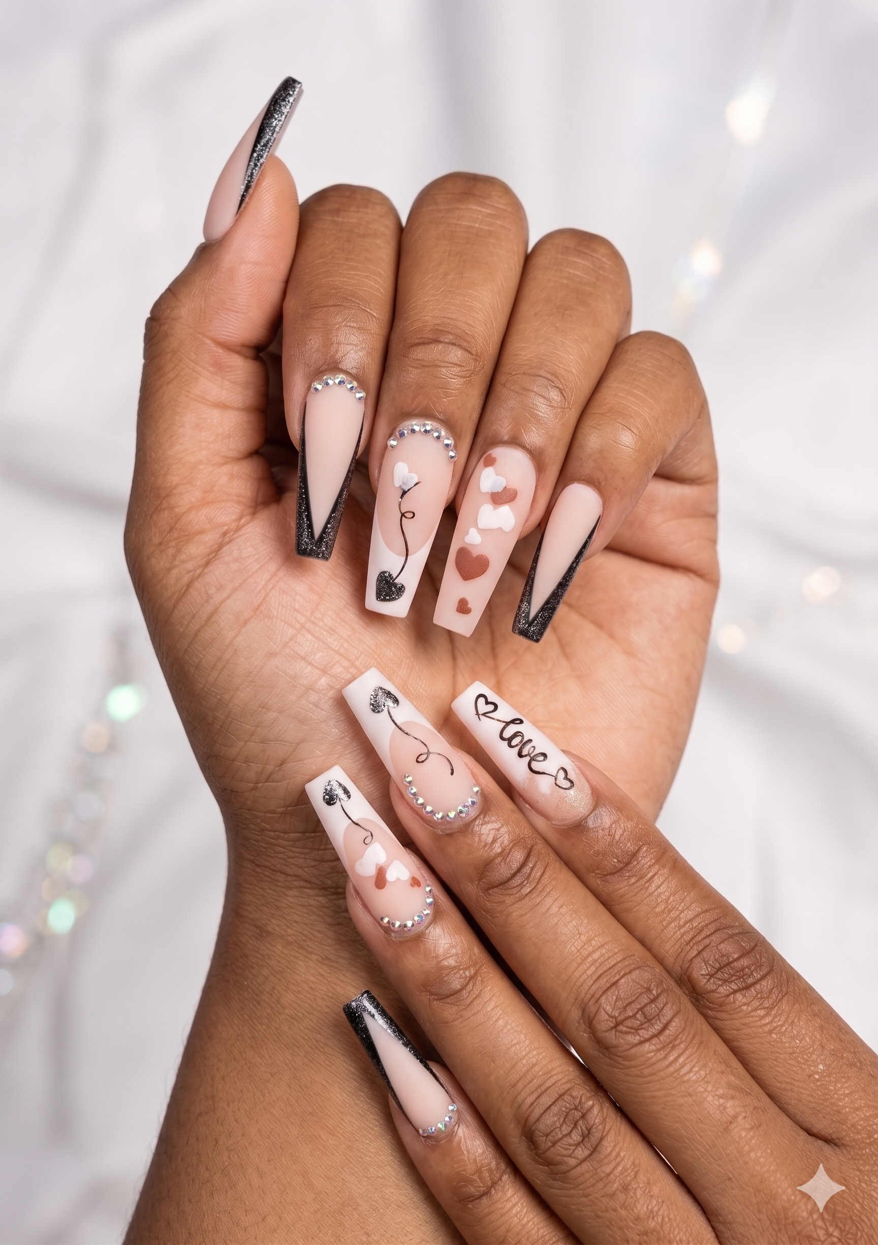 Close-up of a person's hand showing decorated nails with a Valentine's Day theme, including hearts, balloons, and the word 'Love' written on Custom press-on nails by beautifulclaws LLC, with a white background and blurry string lights.