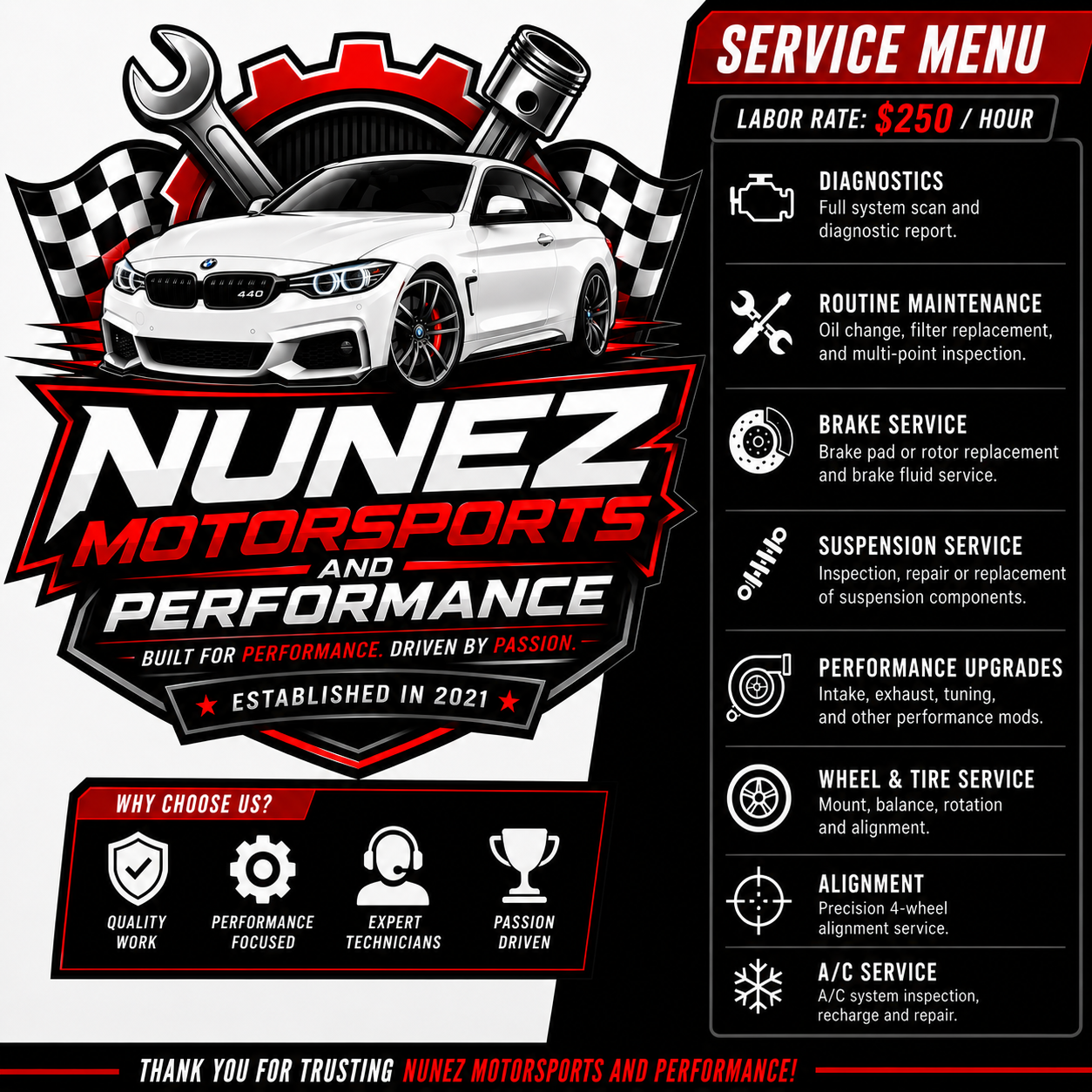 A service menu for Nunez Motorsports and Performance featuring a white BMW car with a black grille and sporty design, set against a racing-themed background with checkered flags, gears, and tools. The menu lists services like diagnostics, routine maintenance, brake service, suspension, performance upgrades, wheel and tire service, alignment, and A/C service, with a labor rate of $250 per hour.