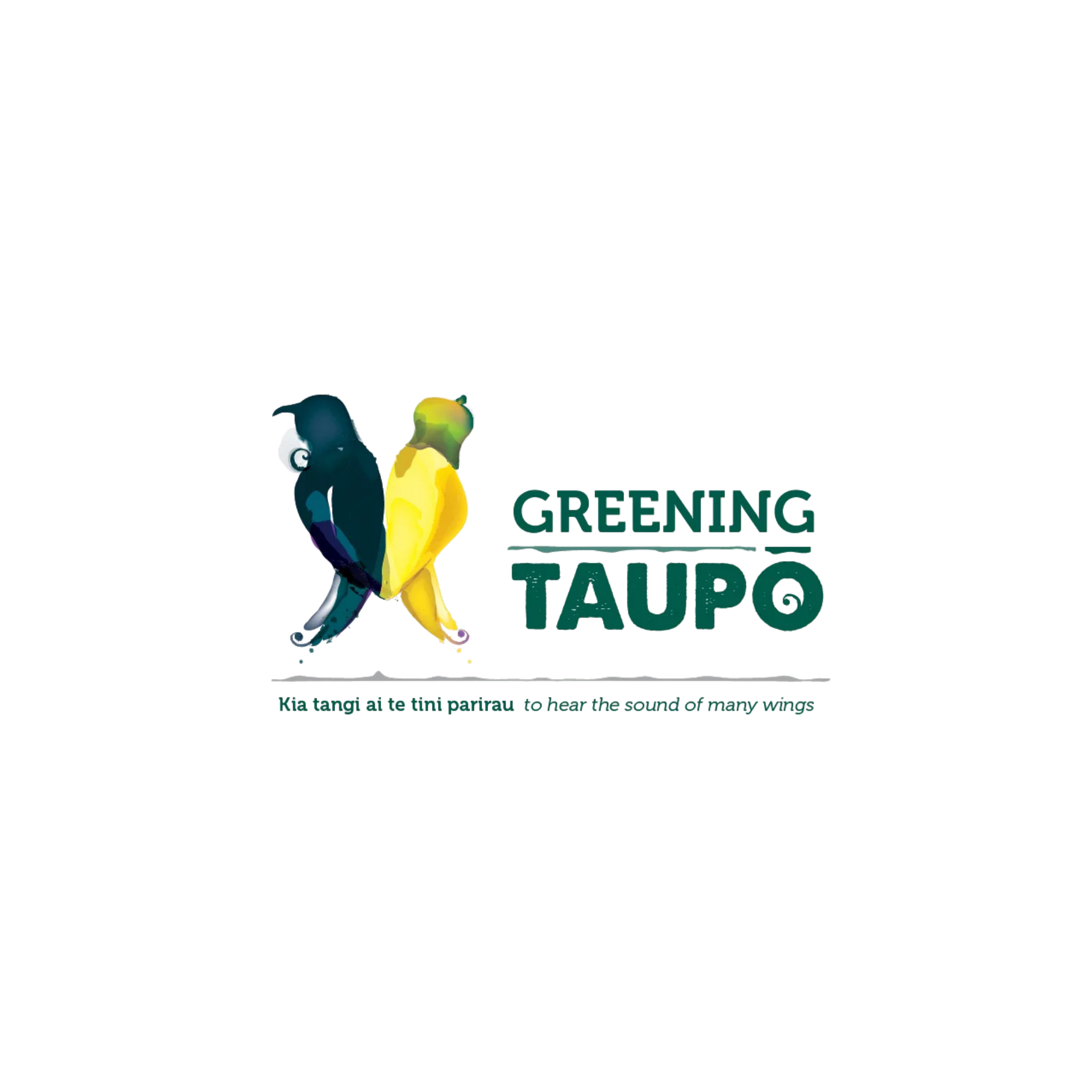 Illustration of two birds, one blue and one yellow, with the text 'Greening Taupo.'
