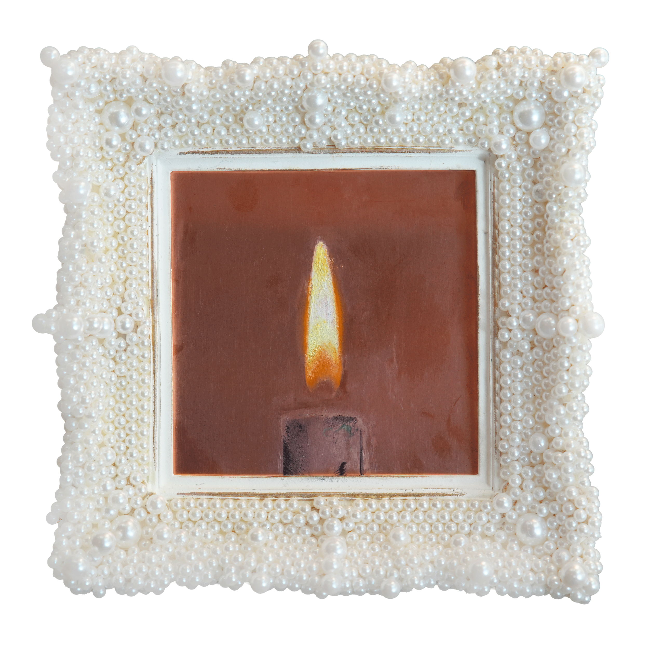 Close-up artwork of a candle flame painted on copper housed in a pearl-encrusted frame.