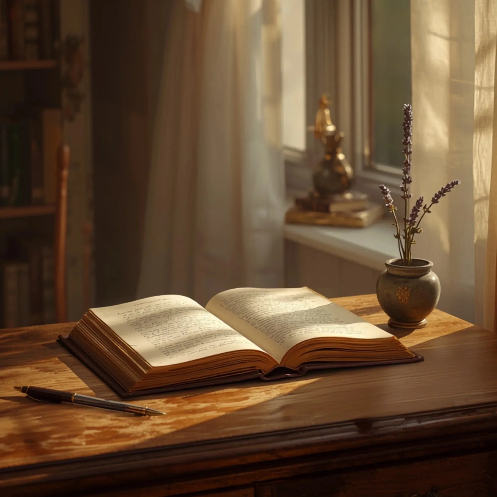 An open notebook with handwritten notes on a wooden desk, a black pen, and a pot with purple flowers. In the background, a window with beige curtains and a decorative object on the windowsill are visible.