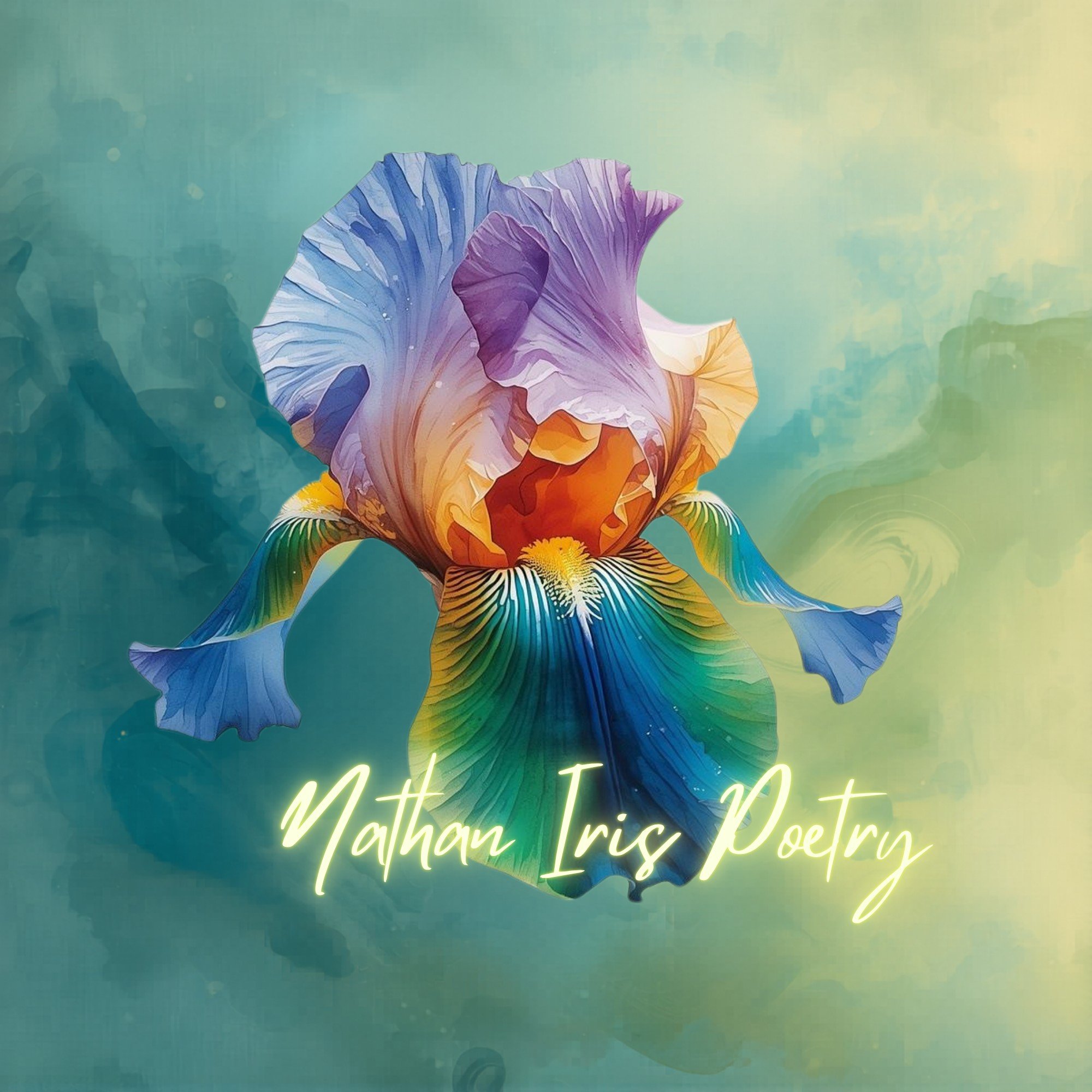 Close-up of a large, colorful iris flower with vibrant shades of blue, purple, yellow, and orange against a light green background.