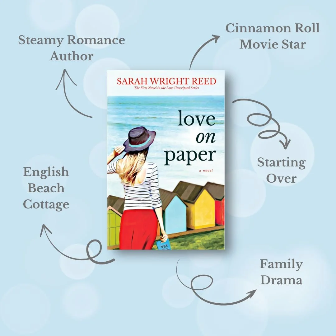 Book cover of 'Love on Paper' by Sarah Wright Reed, featuring a woman with blonde hair wearing a striped shirt, red pants, and a sunhat, standing on an ocean beach with colorful beach huts in the background.