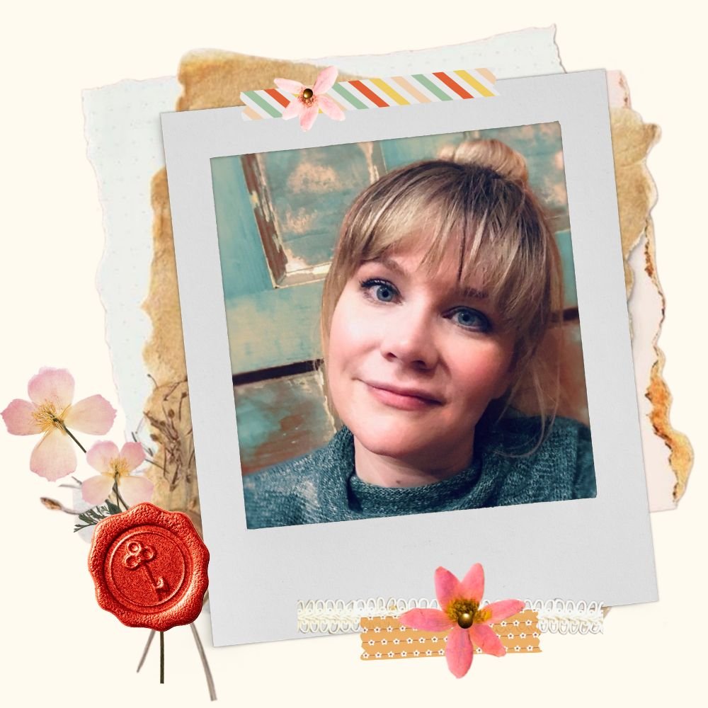 A portrait of the author, a woman with blonde hair in a messy bun smiling in a photo surrounded by decorative scrapbook elements including flowers, torn paper edges, striped tape, and a red wax seal.