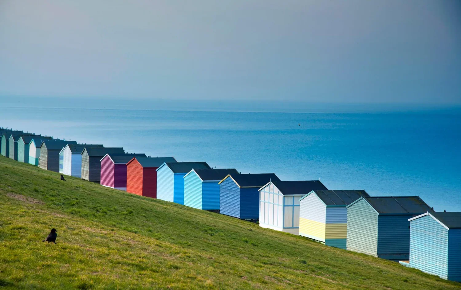 Colorful beach huts on a grassy hillside by the ocean with a clear sky.