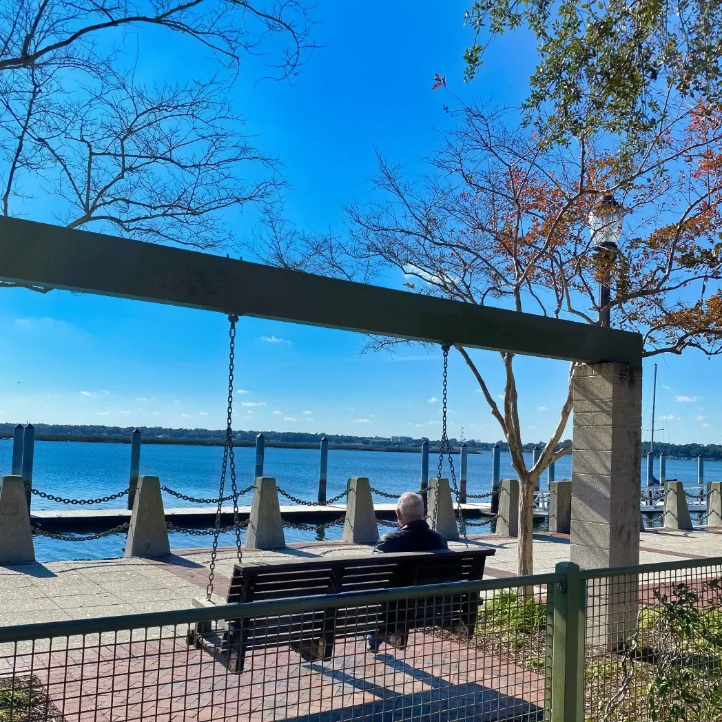 Man sitting on a bench near a body of water on a sunny day with a tree and clear blue sky in the background.