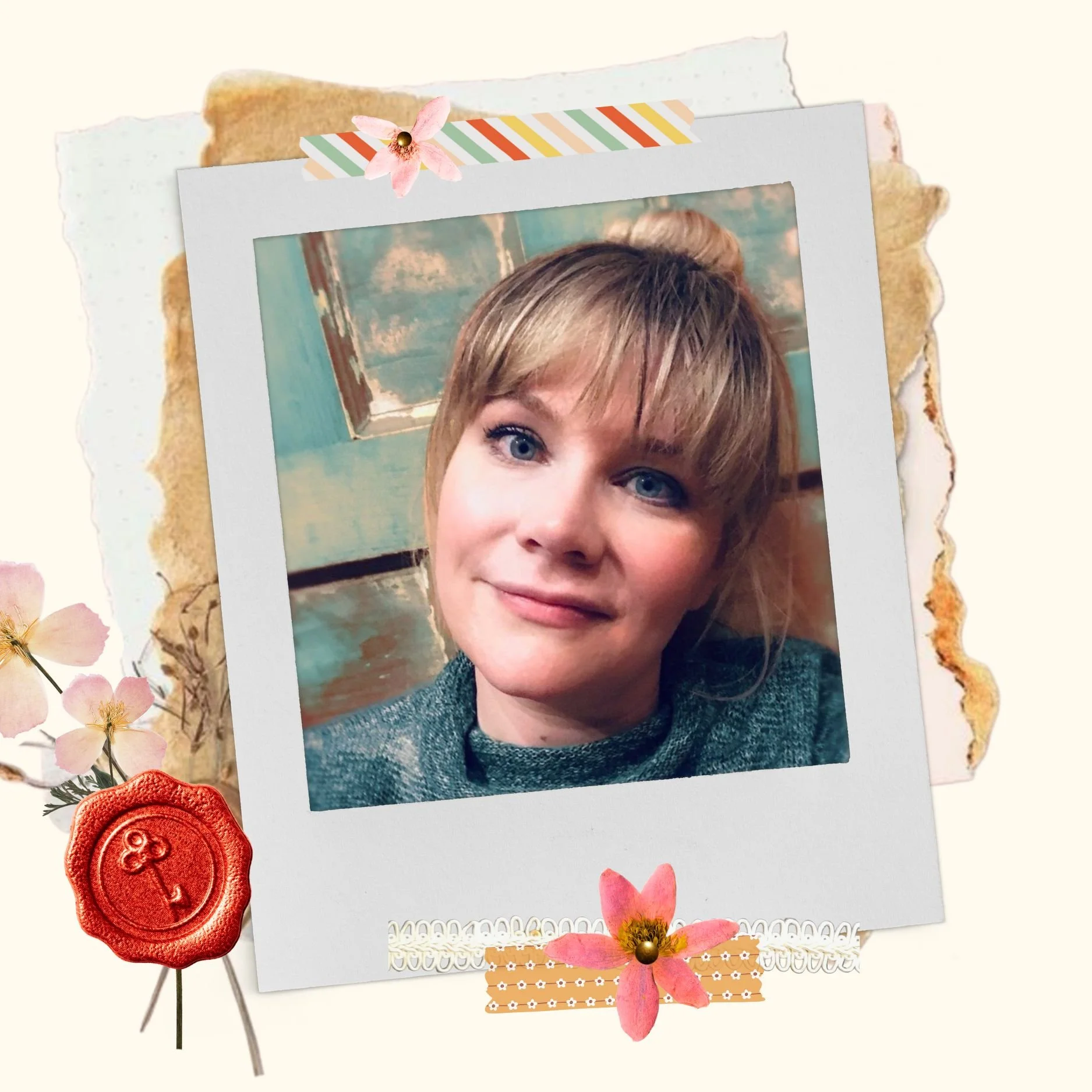 A collage of a woman with light brown hair and blue eyes, framed with decorative paper and floral embellishments, including pink flowers and a red wax seal, on a white background.