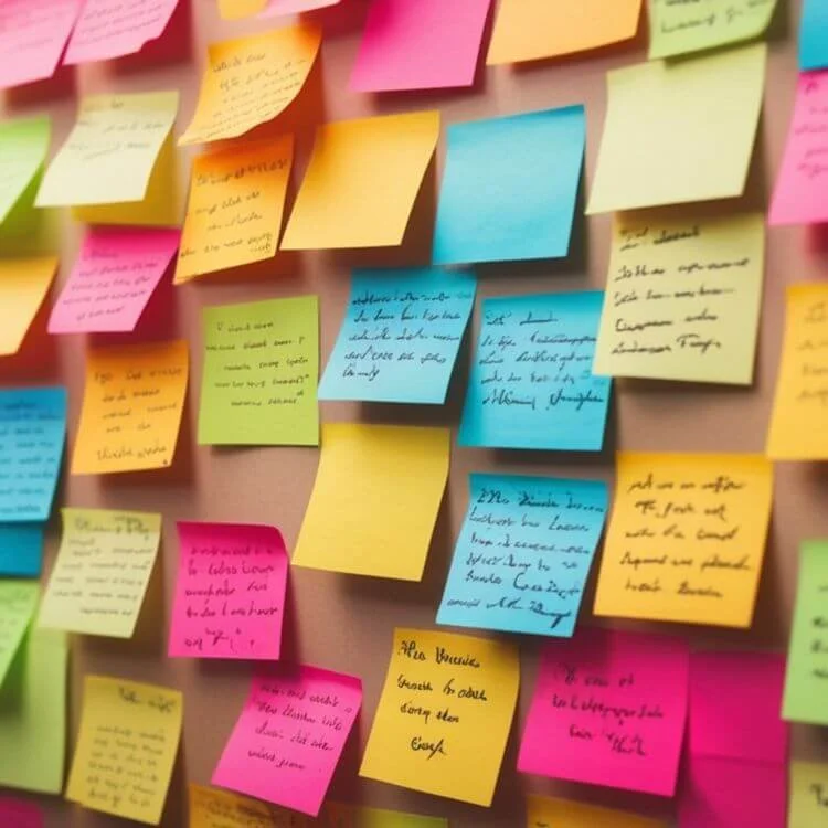 Colorful sticky notes on a bulletin board with handwritten notes.