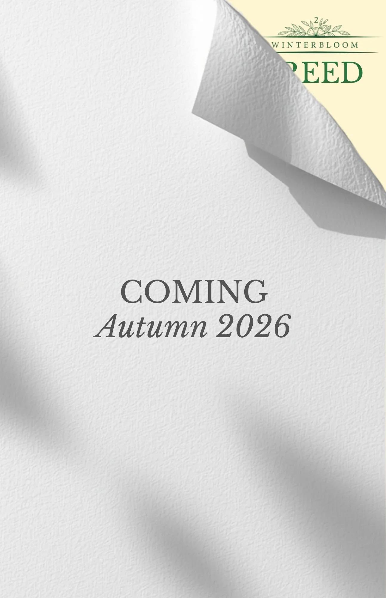 Announcement for the upcoming release of Winterbloom Seed in Summer 2026, with a partially peeled back textured white paper revealing a logo and text.