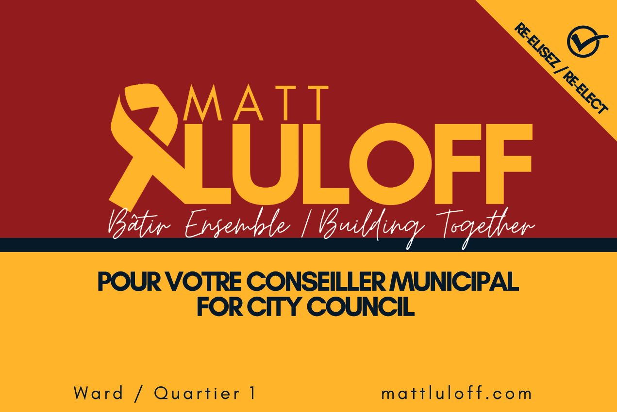 Campaign poster for Matt Luloff with the slogan 'Build Together / Building Together'. Features yellow ribbon symbol, and calls for voting for the city council in Ward 1. Includes website: mattluloff.com.
