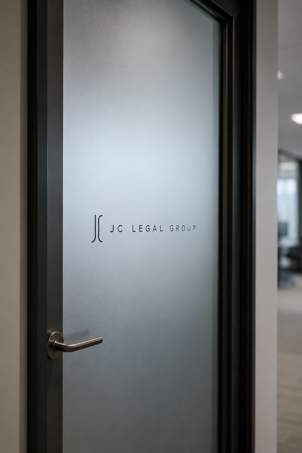 Frosted glass door with the JC Legal Group logo and name, silver handle, and partially visible office interior in the background.