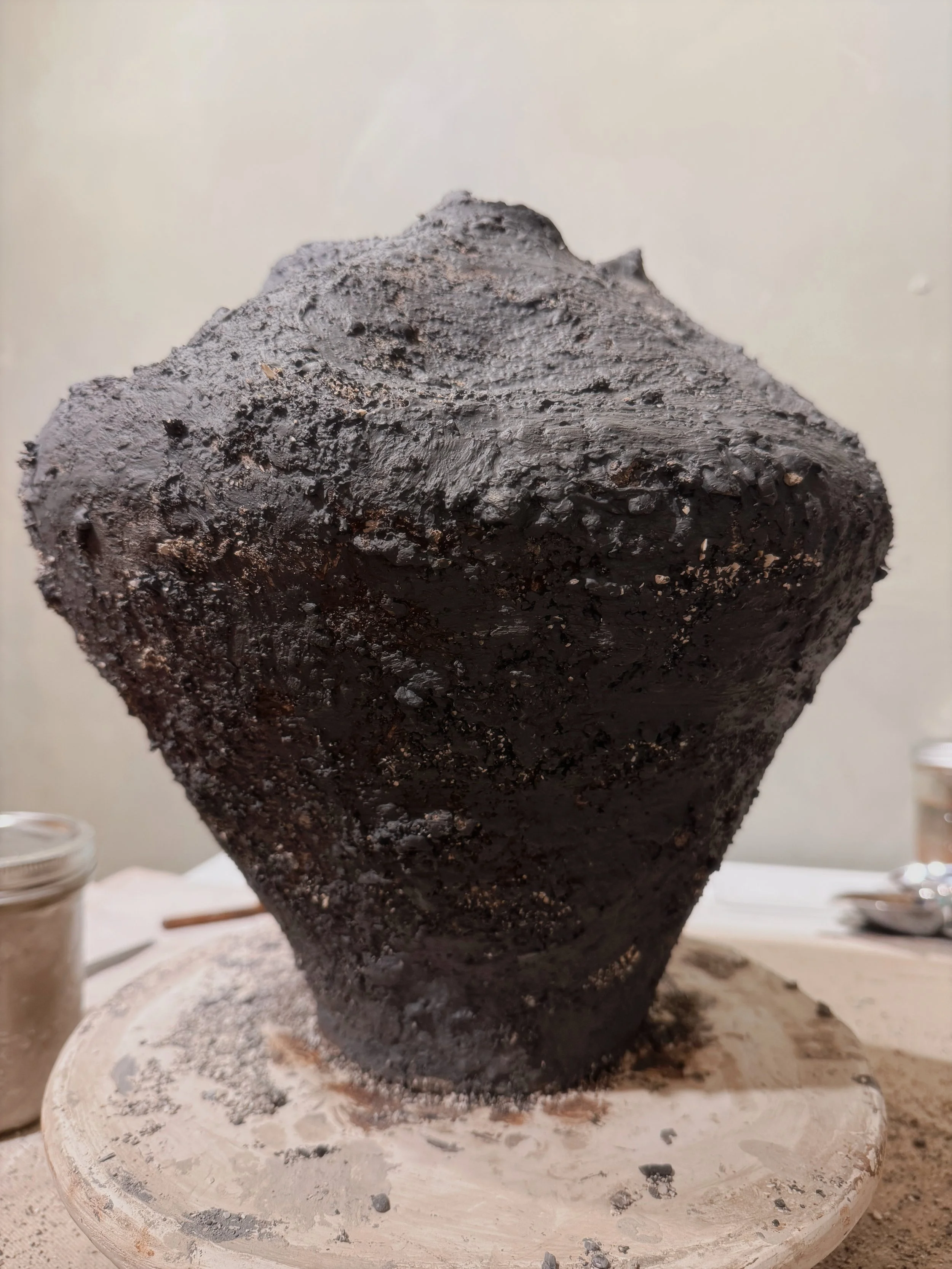Dark ceramic sculptural object by Jennifer Bourne, artist based in Ucluelet BC
