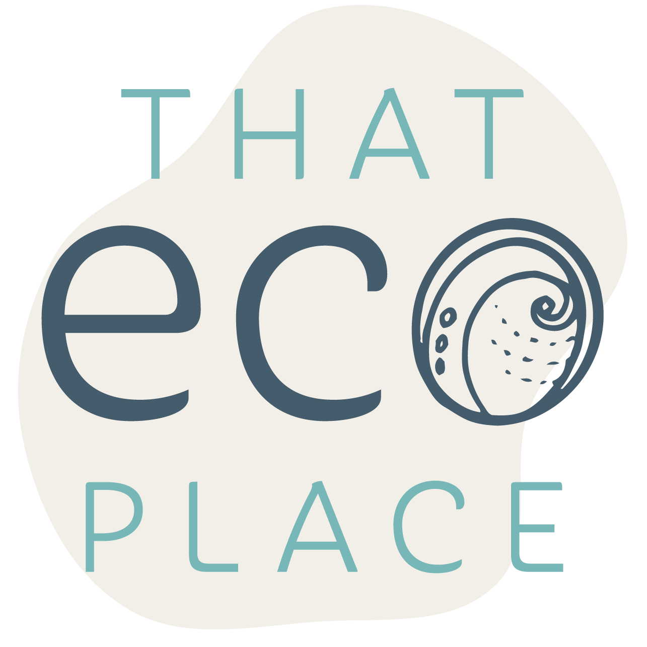 A graphic design with the words "That Eco Place" and a stylized snail illustration.