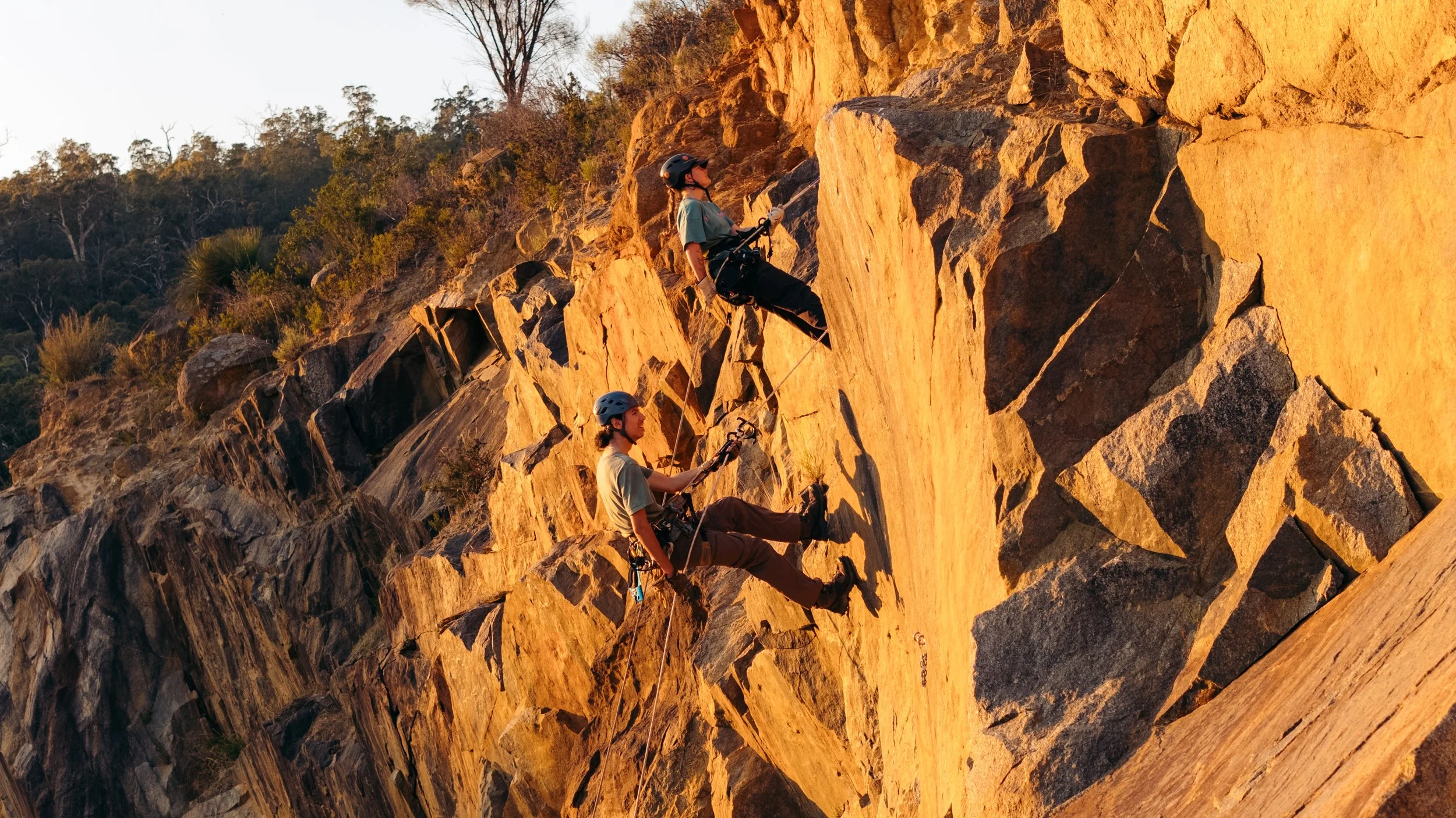 Two people rappelling down a rocky cliff at sunset, with trees in the background.
